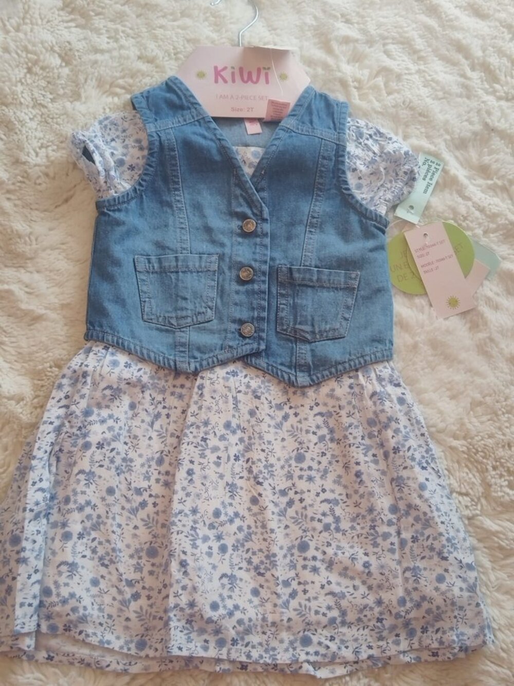 NWT KiWi Toddler Girls 2-Piece Dress Set - Denim Vest & Floral Dress - Size 2T